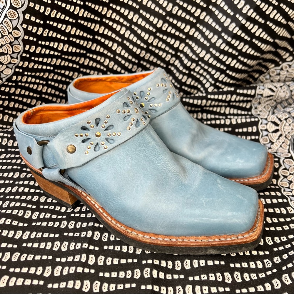 Frye Blue Leather Mules with Studded Detail